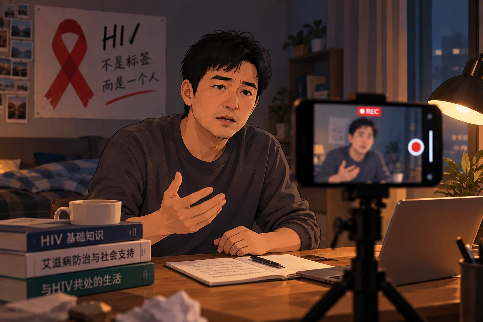 Jack recording his HIV disclosure video on his phone before uploading it