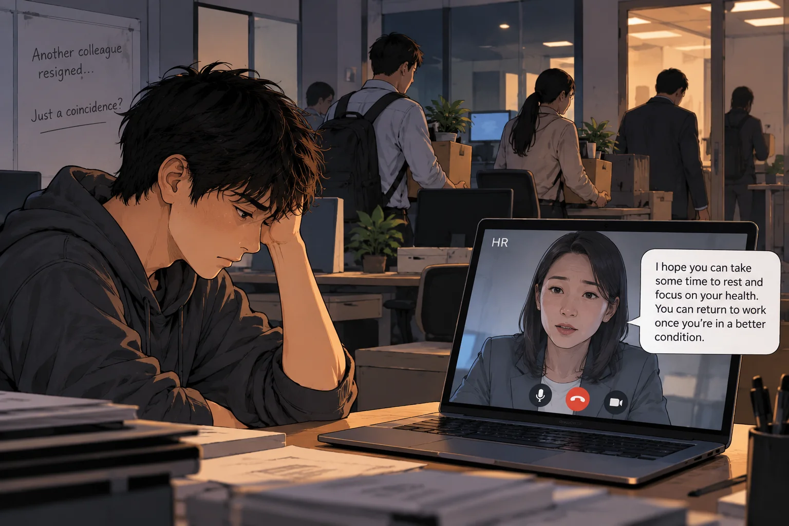 Jack looking at his laptop during an HR video call while coworkers pack up boxes in the background