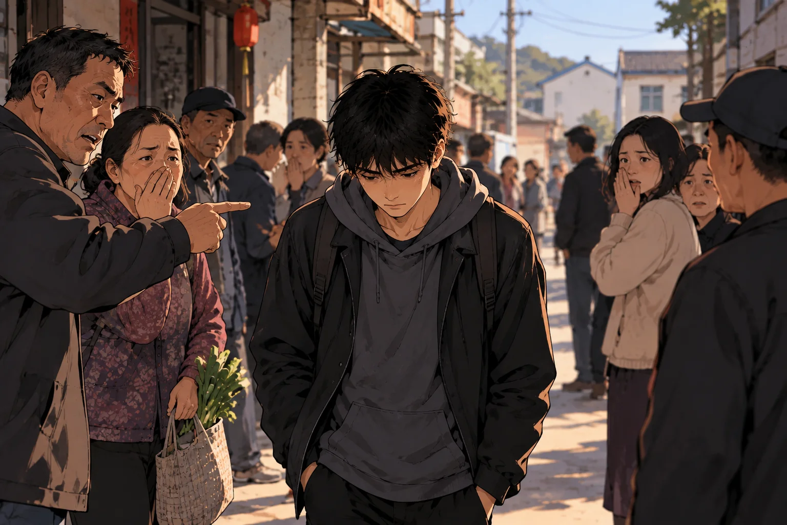 Jack walking through his hometown street as neighbors stare and whisper behind him