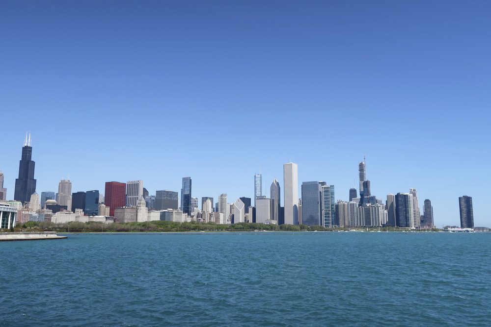 The Chicago skyline seen from the Lakefront Trail along Lake Michigan