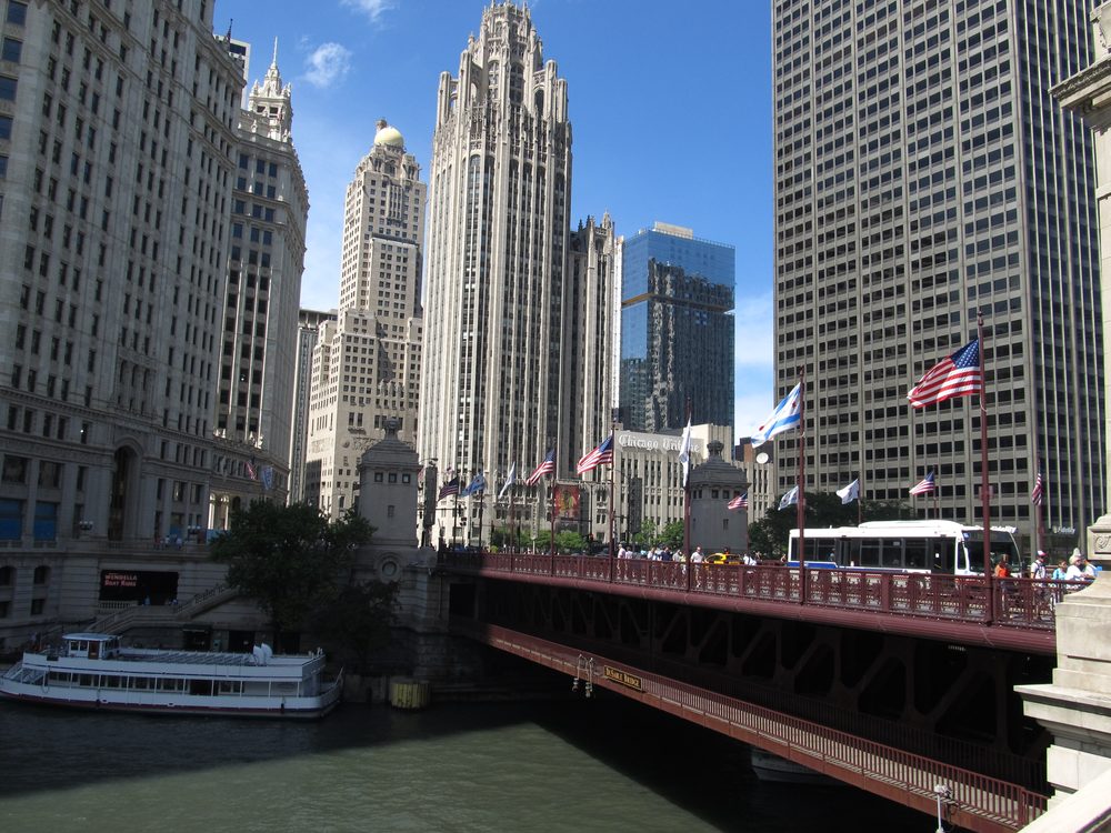 The Michigan Avenue Bridge over the Chicago River with the skyline behind