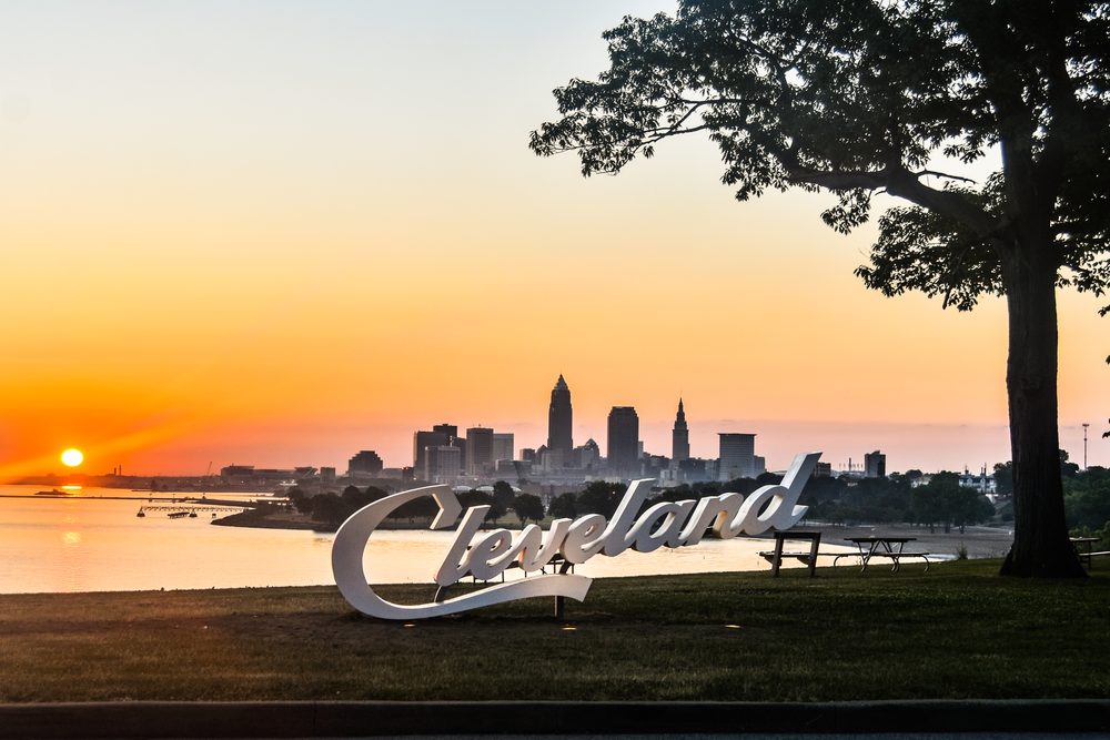 The Cleveland Script sign at Edgewater Park on Lake Erie