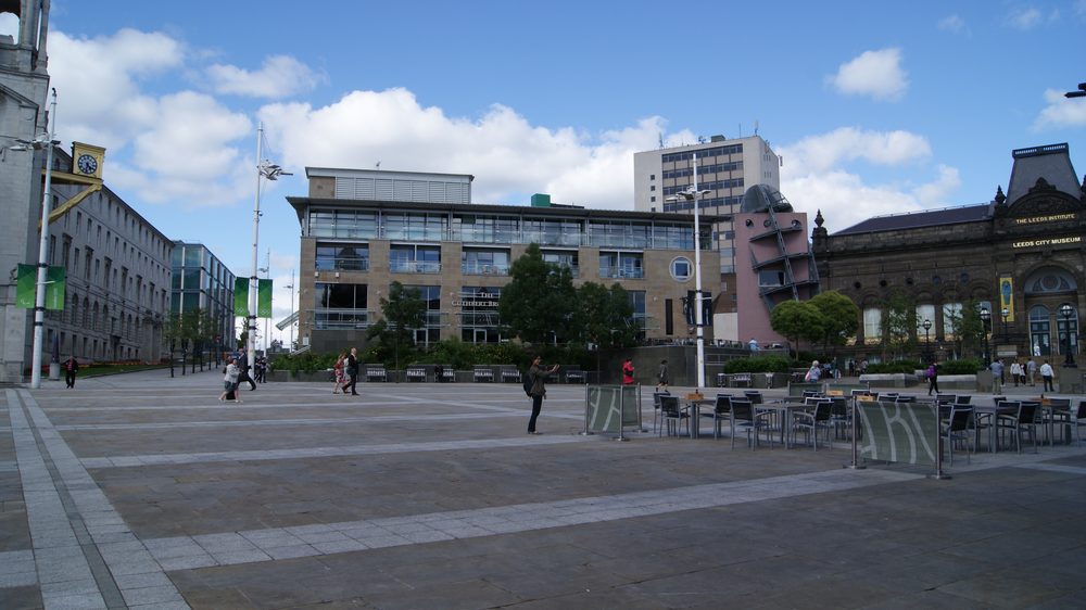Millennium Square and the Cuthbert Brodrick building in Leeds