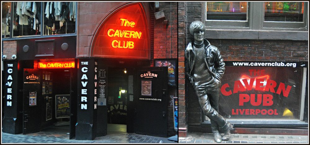 The Cavern Club entrance and John Lennon statue on Mathew Street, Liverpool