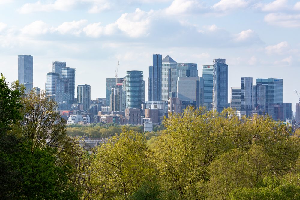 The view across Greenwich Park toward Canary Wharf