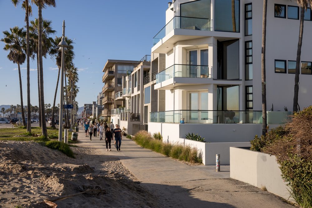 People walking the Venice Beach boardwalk lined with palm trees
