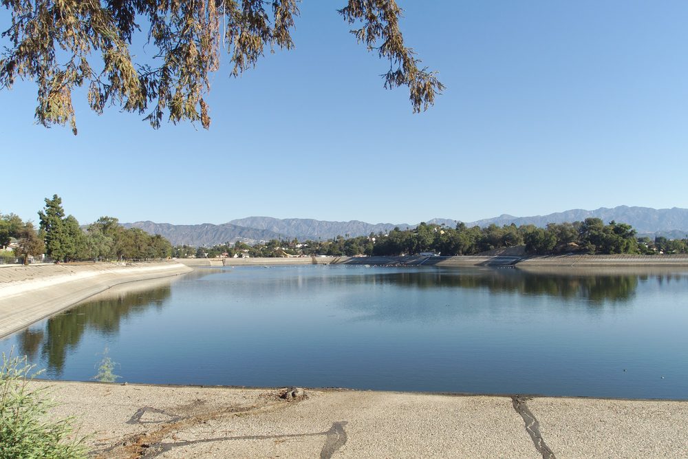 The Silver Lake Reservoir with the Los Angeles hills in the background