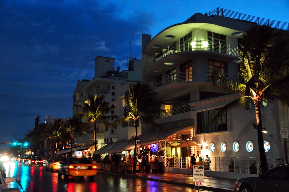 Ocean Drive in South Beach, Miami, at night