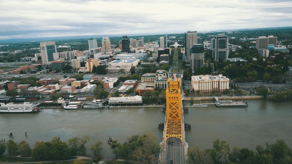 An aerial view of Sacramento along its rivers