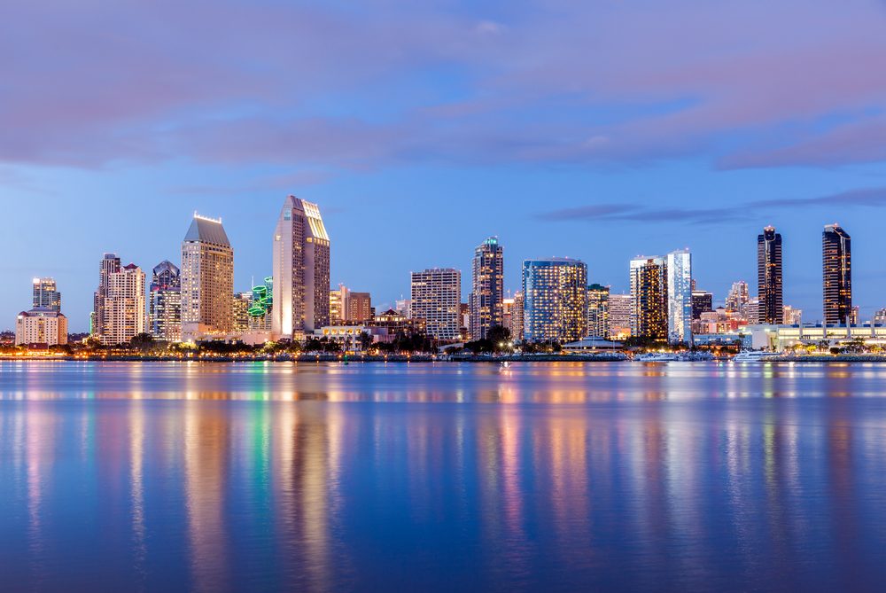 The San Diego skyline at dusk from Coronado