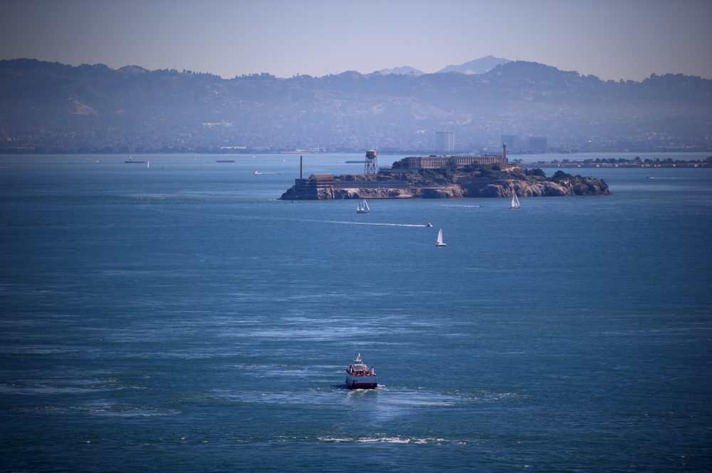 Alcatraz seen from the Golden Gate Bridge