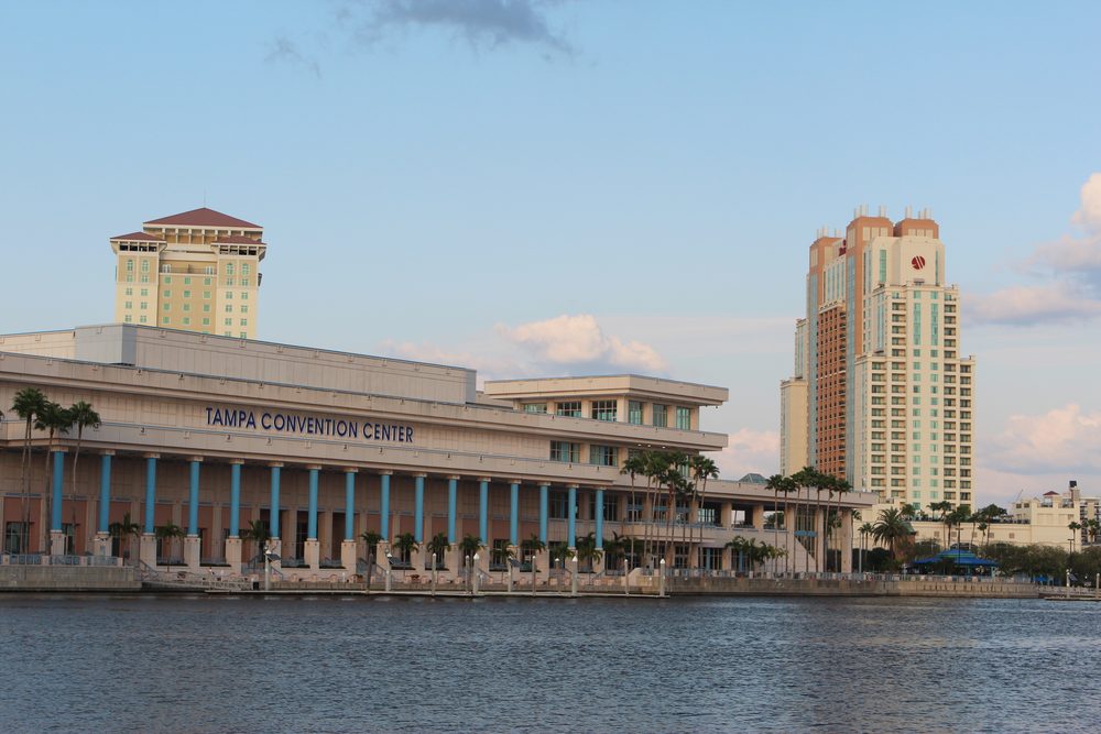The Tampa Convention Center seen from Bayshore Boulevard, near Hyde Park