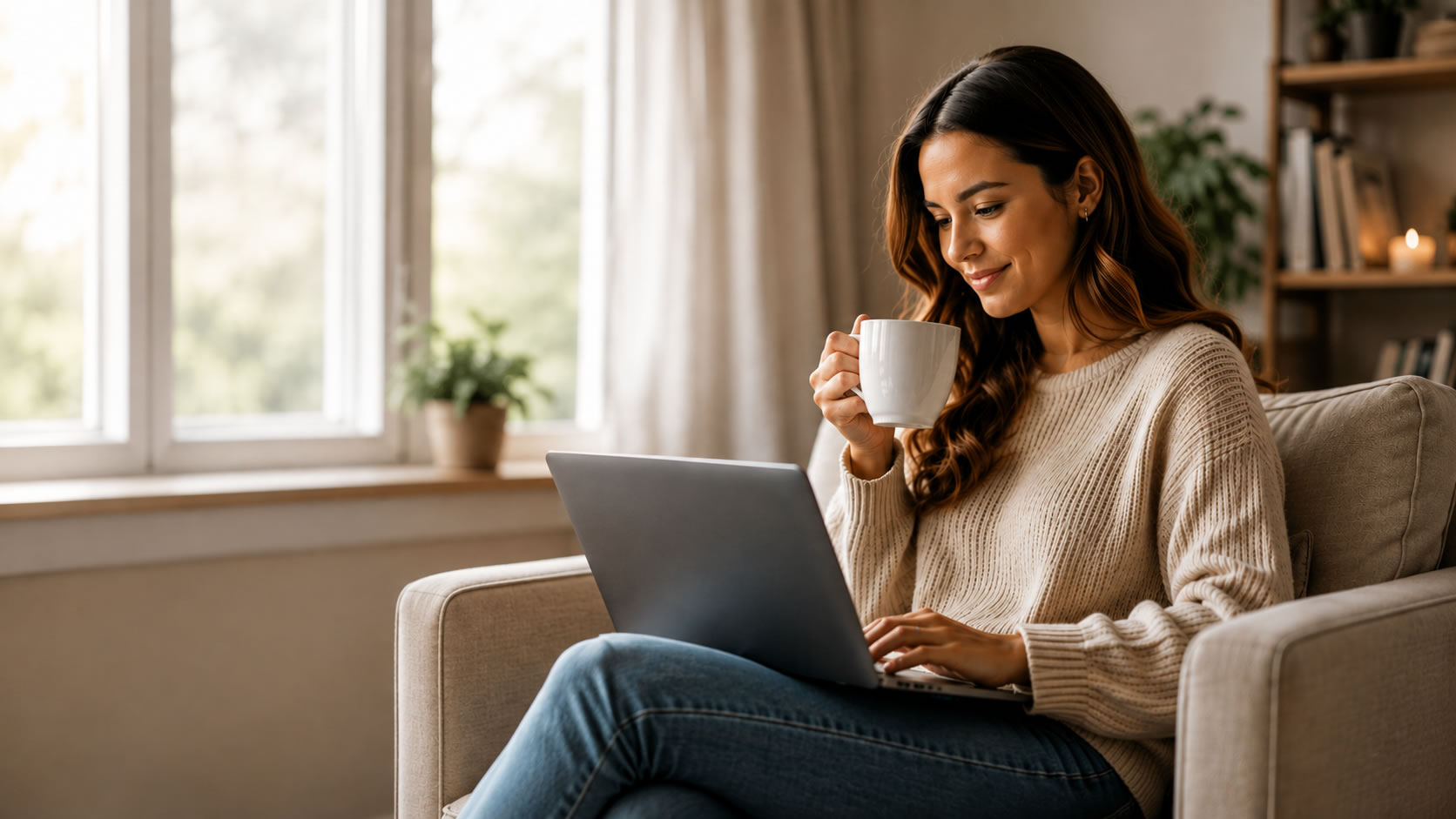 Woman relaxing at home with a laptop and coffee