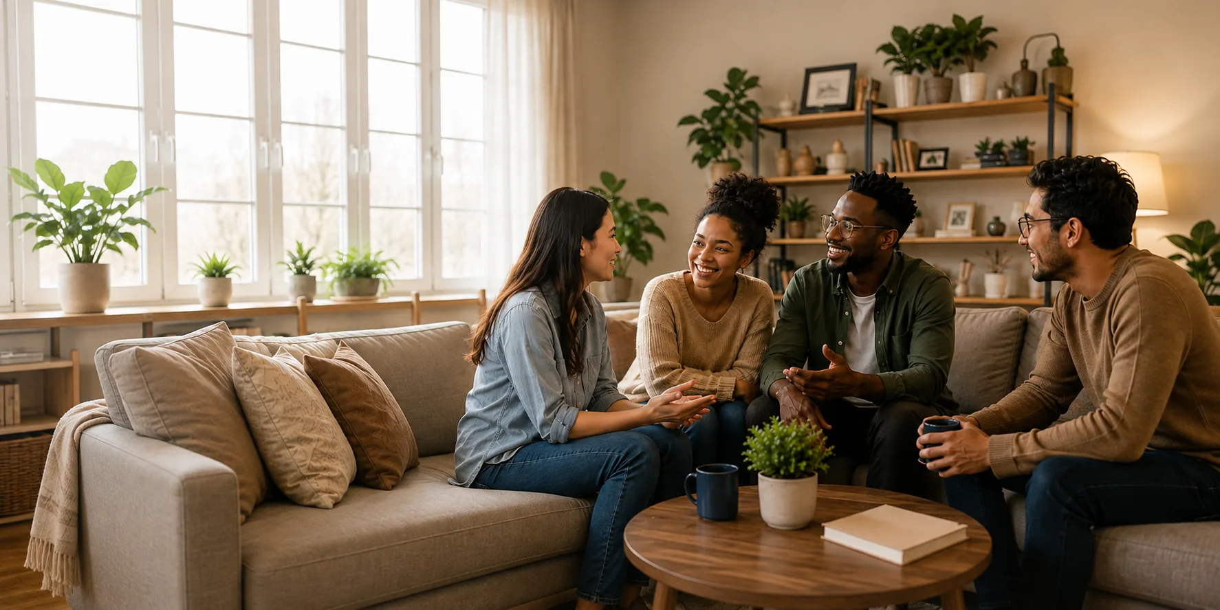 A small group of friends laughing together on a couch