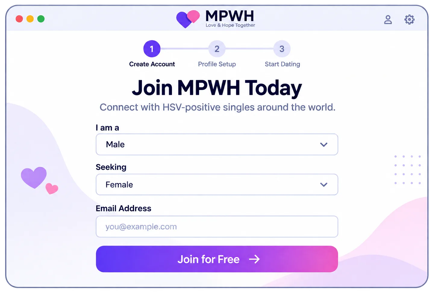 MPWH sign-up screen