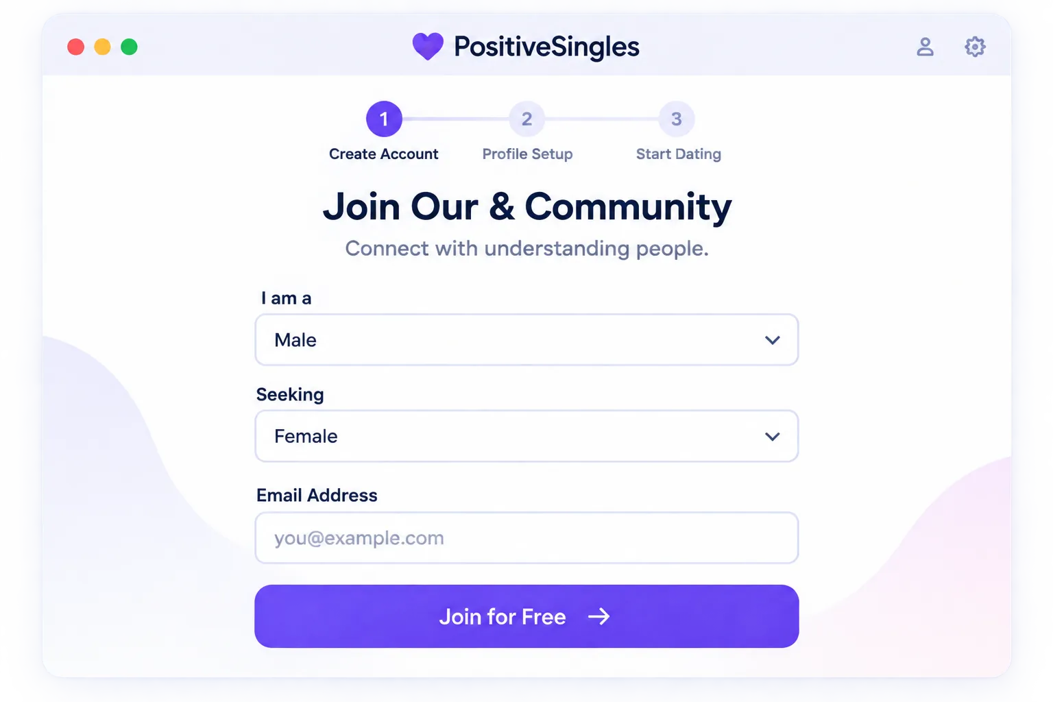 PositiveSingles sign-up screen