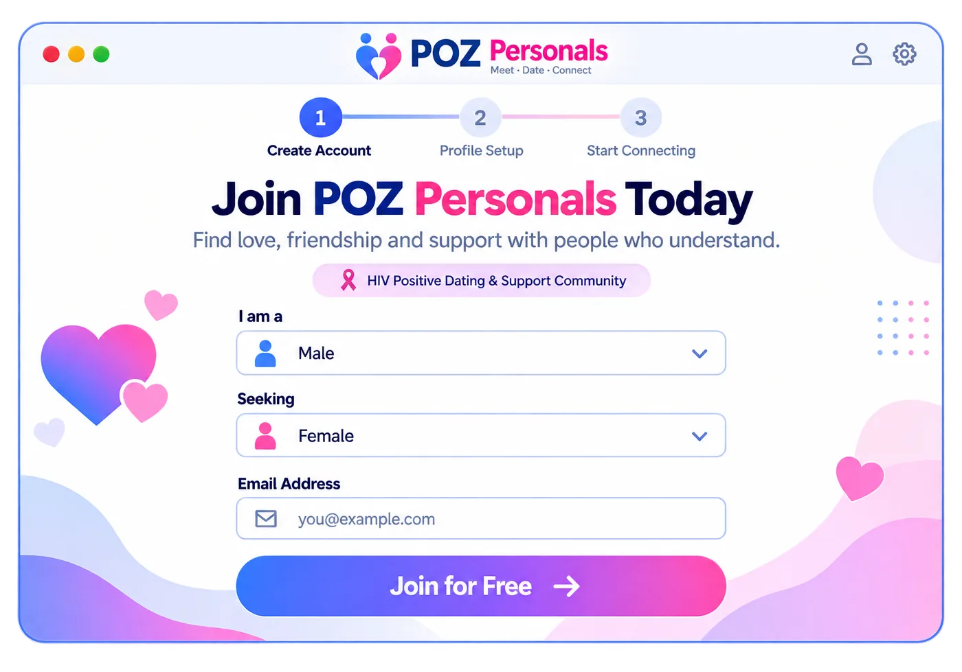 POZ Personals sign-up screen