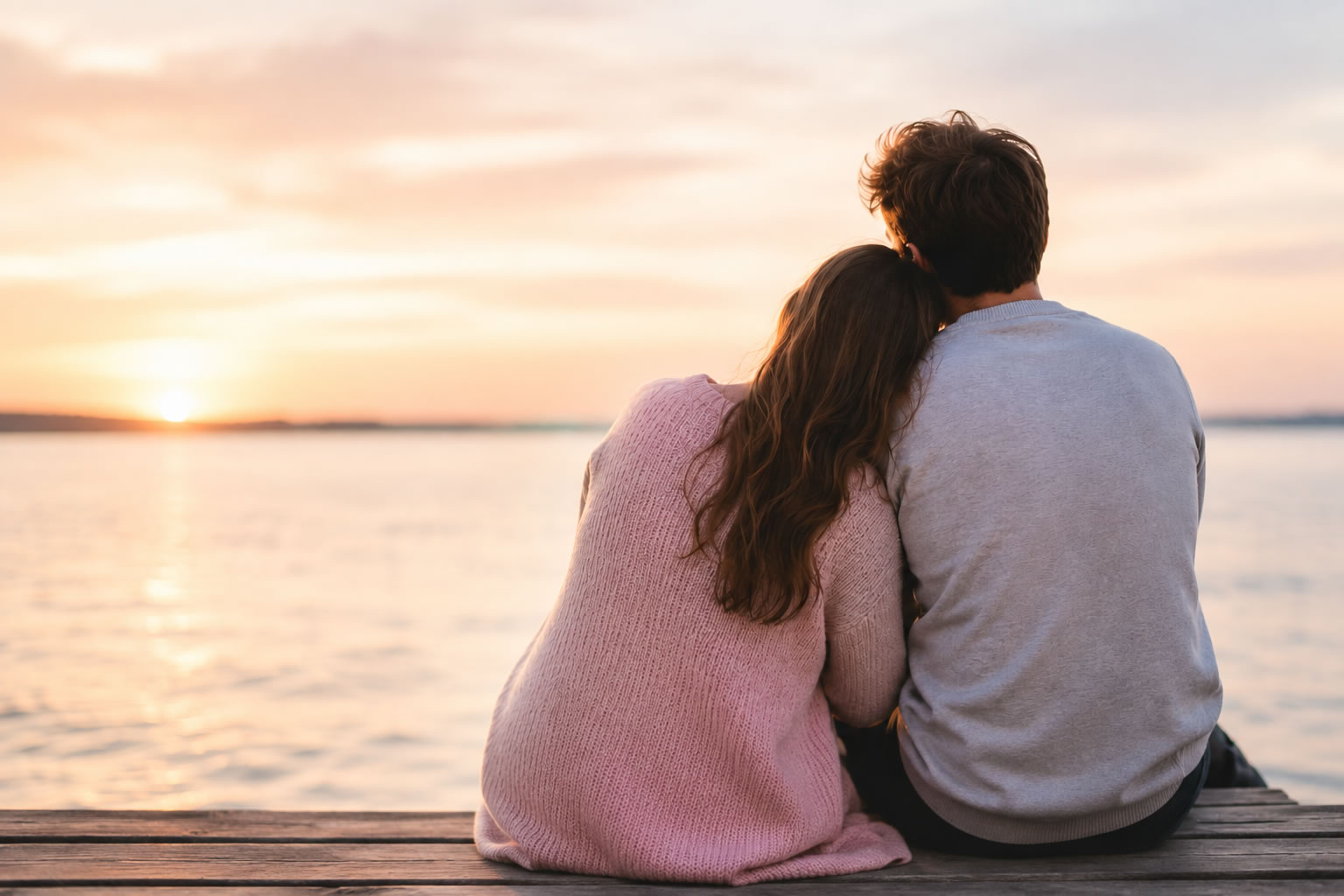 Couple sitting together by the water at sunset